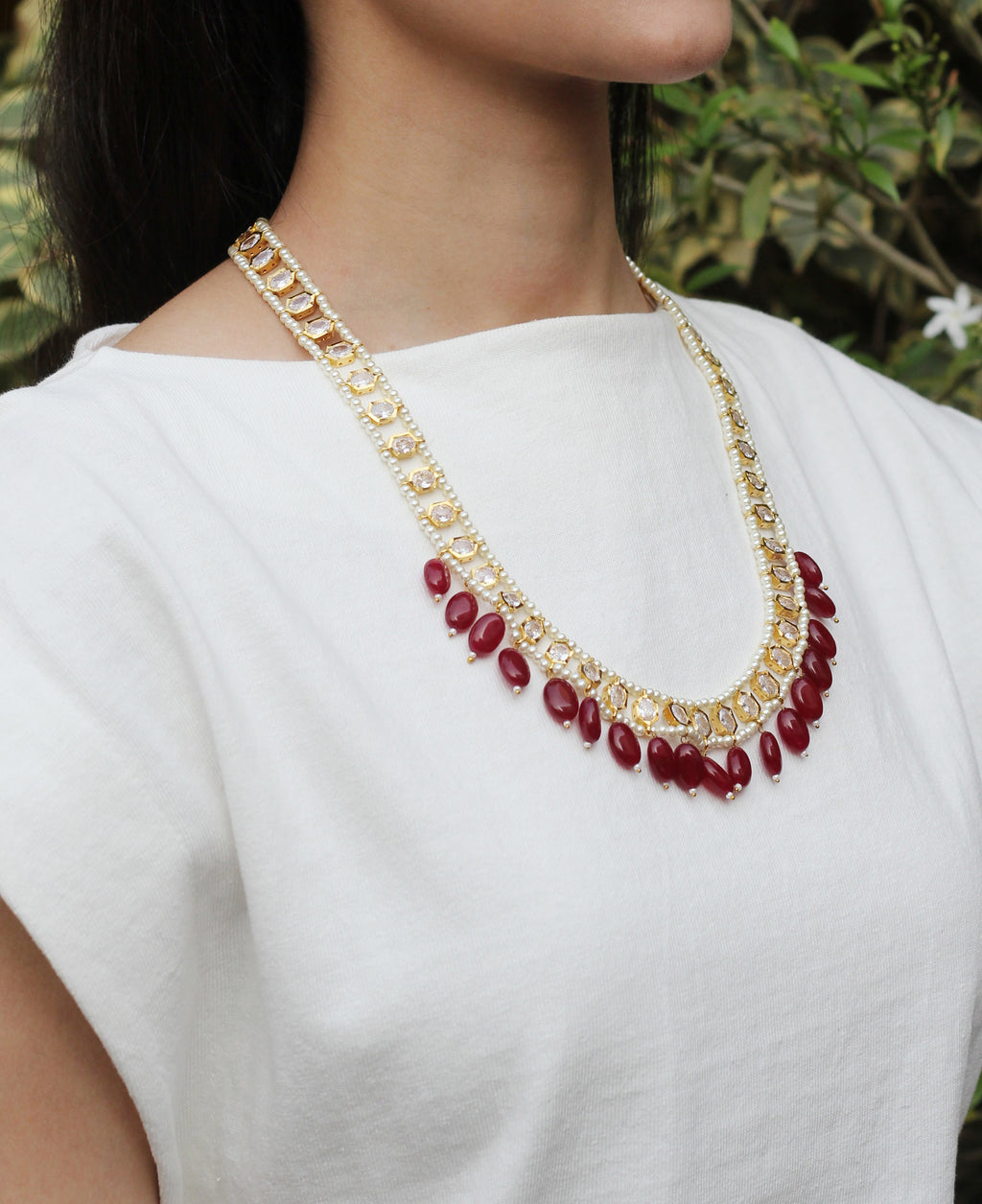 Suhana Flat Cut Polki Necklace with red drops