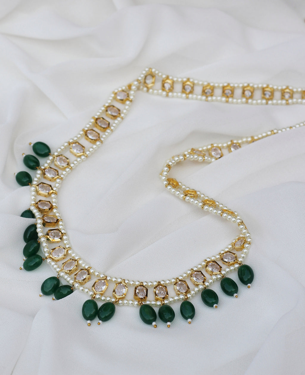 Suhana Flat Cut Polki Necklace With Green Drops
