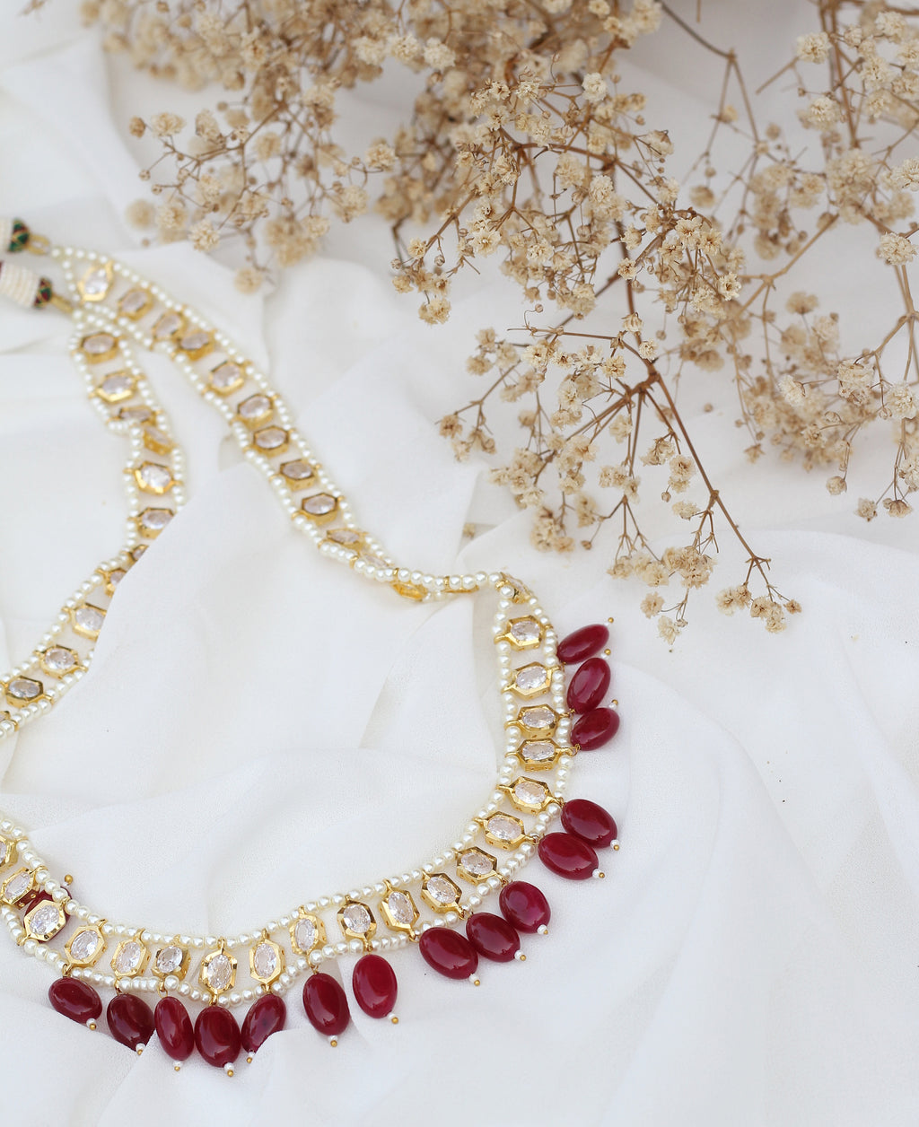 Suhana Flat Cut Polki Necklace with red drops