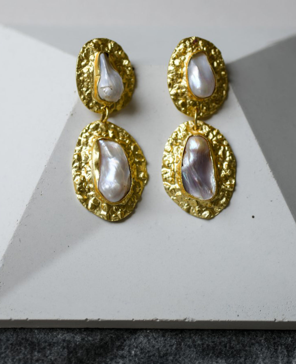 Gold plated double baroque textured brass earrings