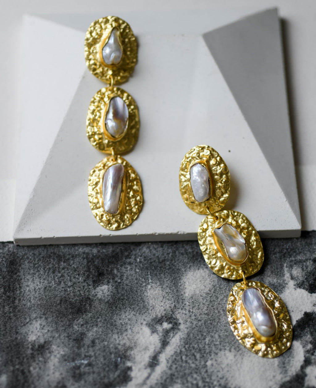 Triple baroque textured brass earrings