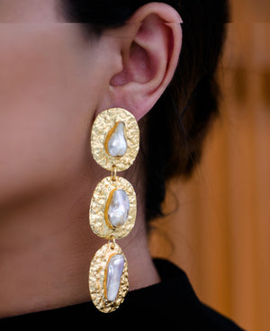 Triple baroque textured brass earrings