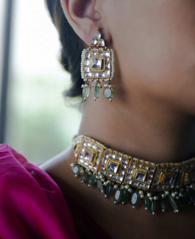 22K gold plated choker made with kundan and jade stones.