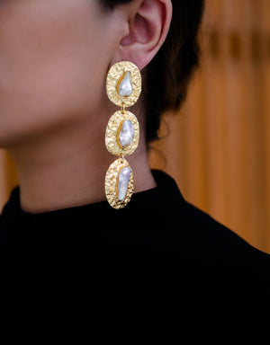 Triple baroque textured brass earrings
